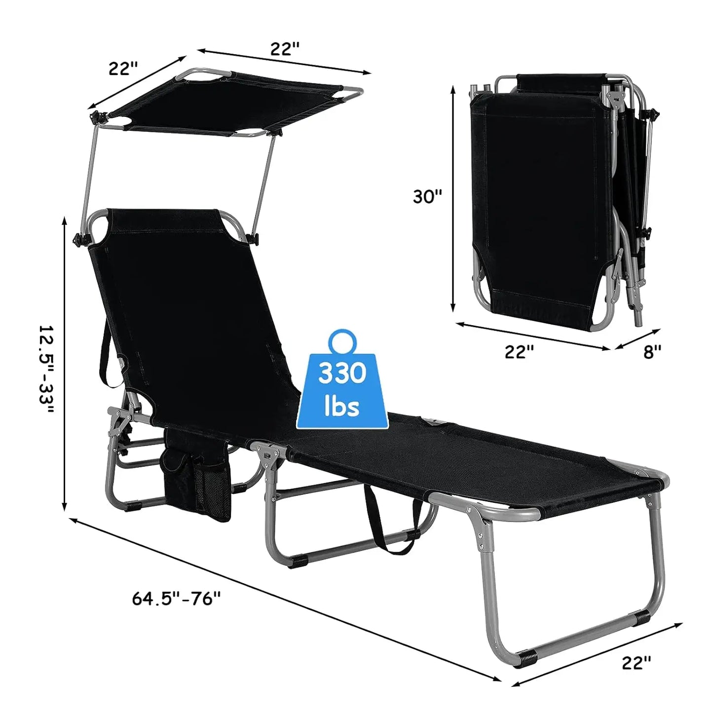 Beach Chair with Canopy Shade, Folding Tanning Lounge with Adjustable Backrest, Carry Handle & Side Pocket,, Customized