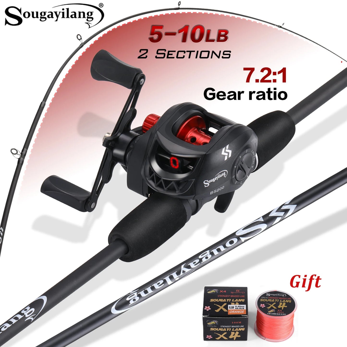 Sougayilang Fishing Rod Reel Combo Lightweight and High Carbon Casting Rod 7.2:1 Gear Ratio Baitcasting Reel With Line as A Gift