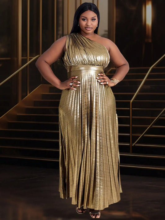 Plus Size One-Shoulder Pleated Metallic Evening Gown for Formal Events