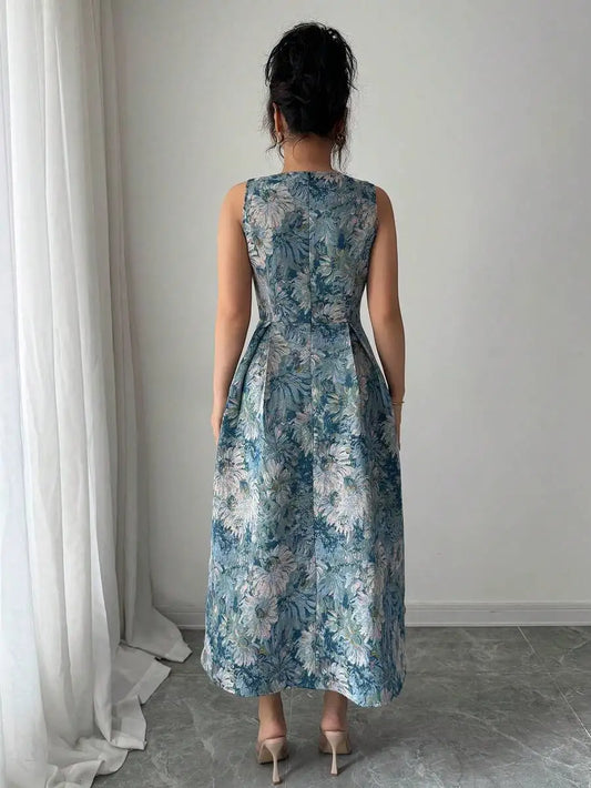 Women's Sleeveless Crew Neck Waist-Cinched Floral Print Midi Dress
