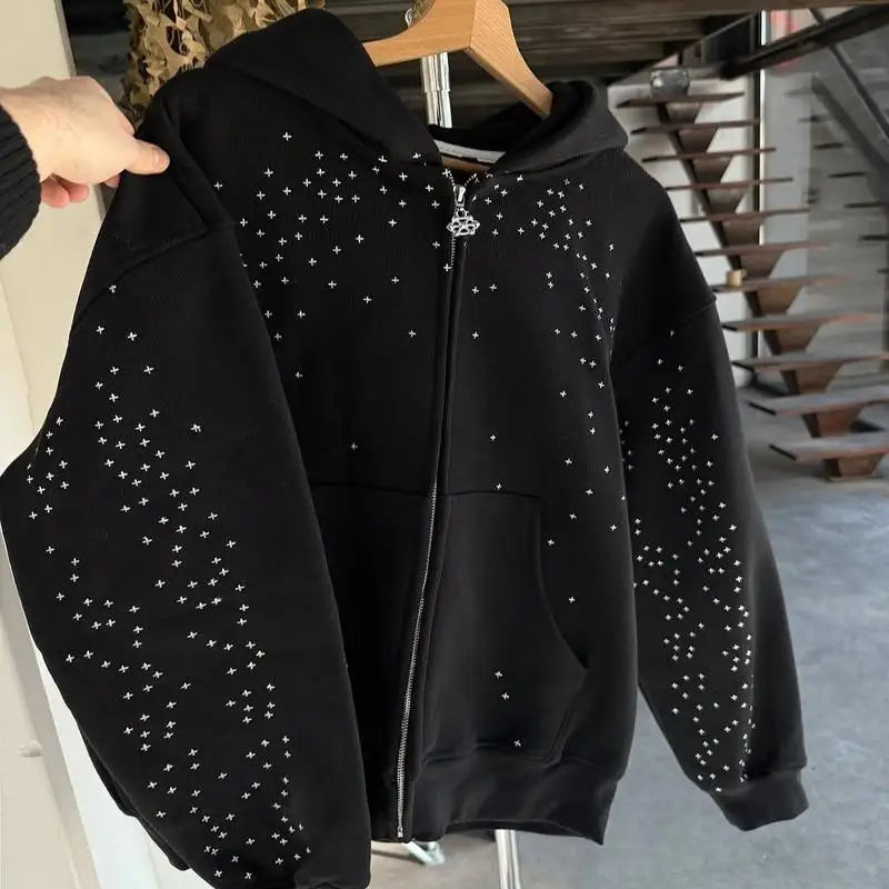 Black Gothic Zip-up Hoodie, A Streetwear Sweatshirt for Men and Women. A Casual Outerwear Perfect for All Seasons.