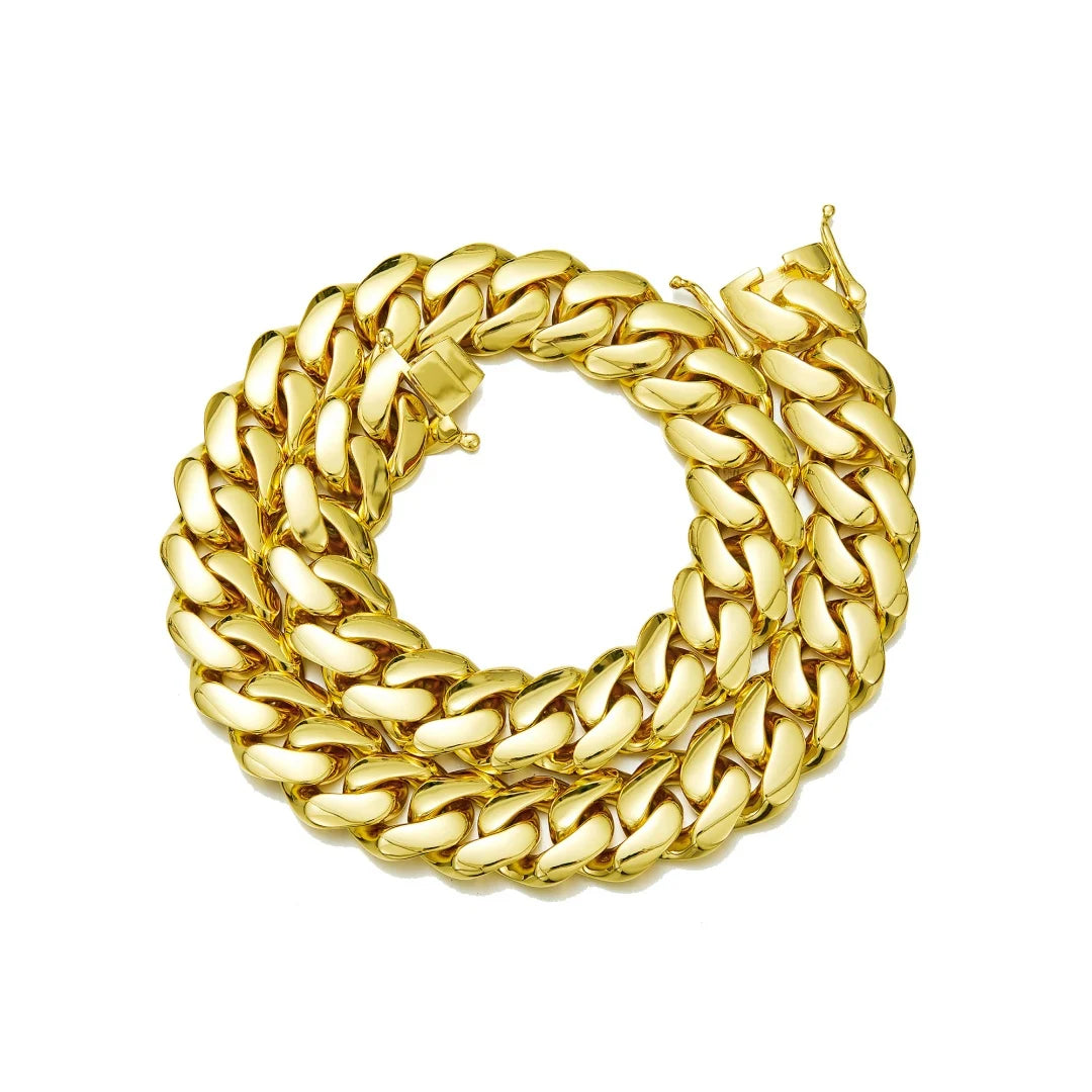 14-22mm Hip Hop Bling Gold Color Stainless Steel Dense Cuban Miami Link Chain Necklaces 14k Gold-plated for Men Rapper Jewelry
