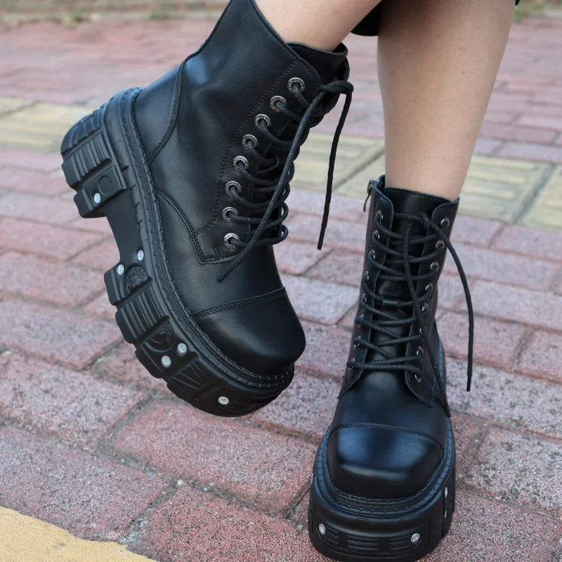 Gothic Motorcycle Boots Fashion Large Size Thick Heel Knight Boots Platform Metal Decoration Ankle Boots Punk High Top Shoes Ins