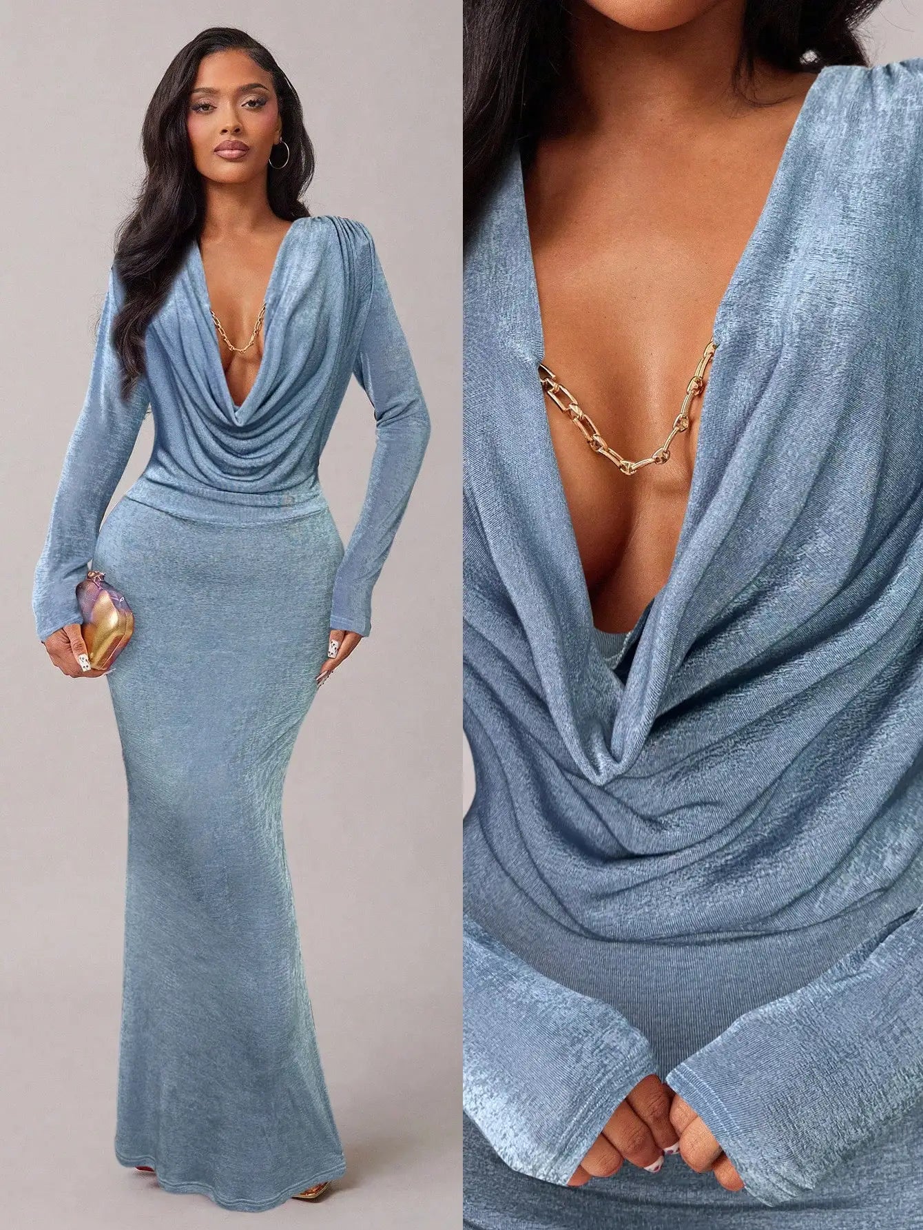 Burgundy Draped V-Neck Long Sleeve Fishtail Maxi Dress for Women - Elegant Party, Date & Formal Occasions