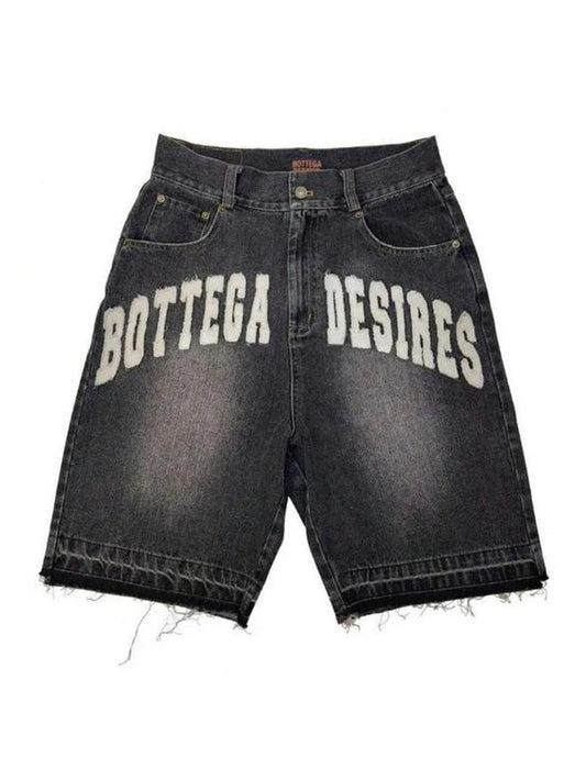 Y2K Vintage Distressed Jeans Letter Pattern Decoration High Waist Denim Shorts Fashion Men Women Hip Hop Streetwear