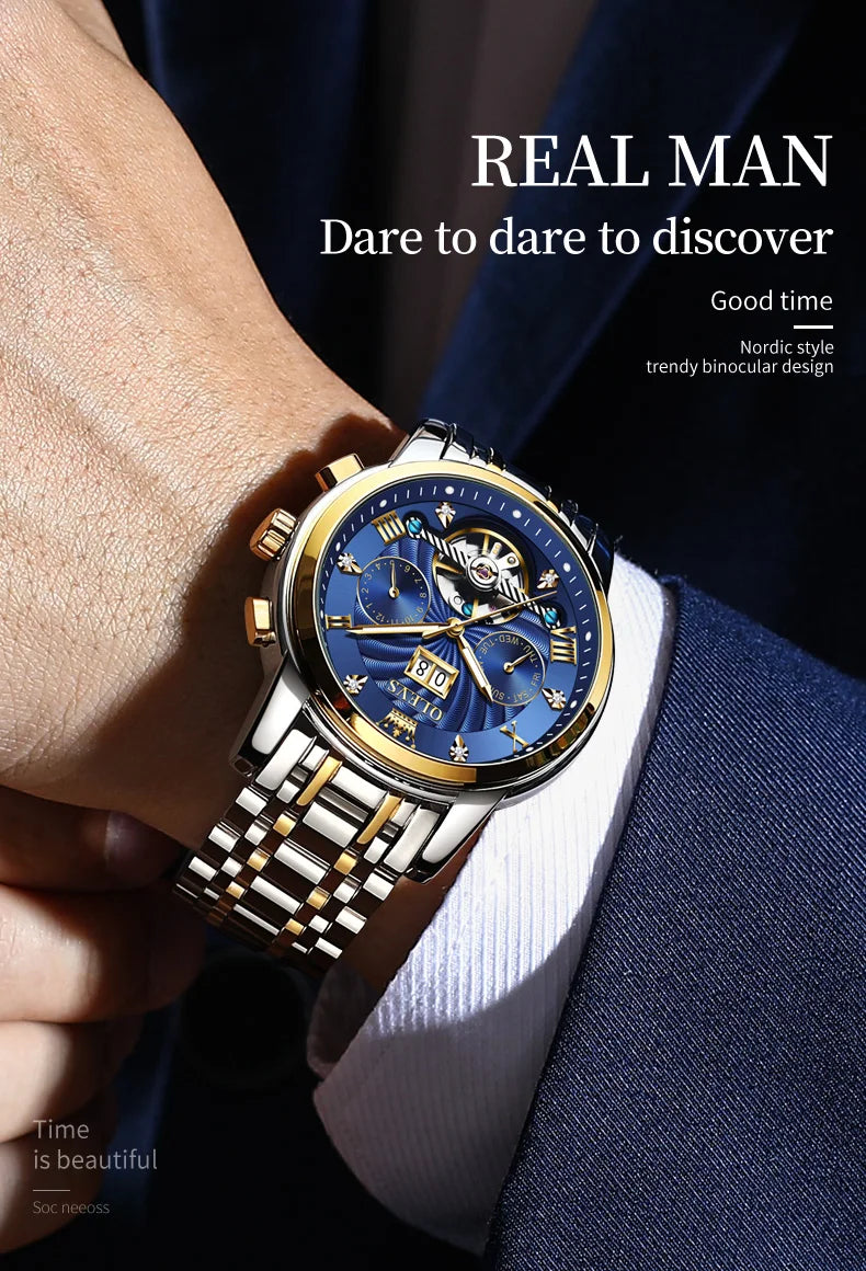 OLEVS Mechanical Watches Automatic Watch Men Waterproof Stainless Steel Strap Skeleton Gold Watch Male Wristwatch