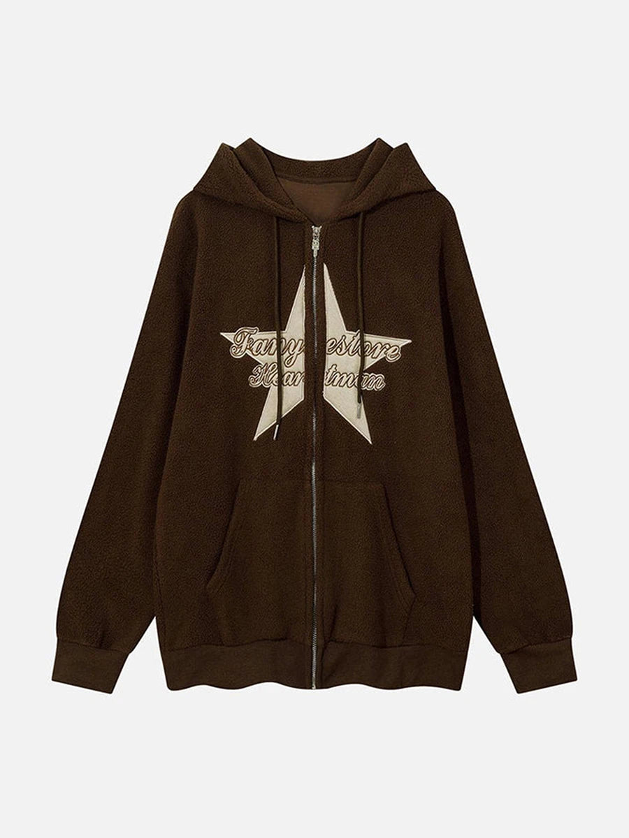 Women Hoodie Long Sleeve Hooded Embroidery Star Letters Sweatshirt Casual Jacket Outwear with Pockets