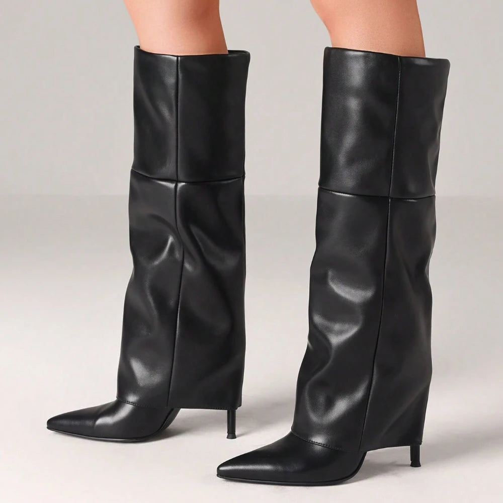 Women's Sexy Fold Over Knee High Shark Boots Fashion Pointed Toe Stiletto High Heels Pleated Party Dress Elegant Boots Woman