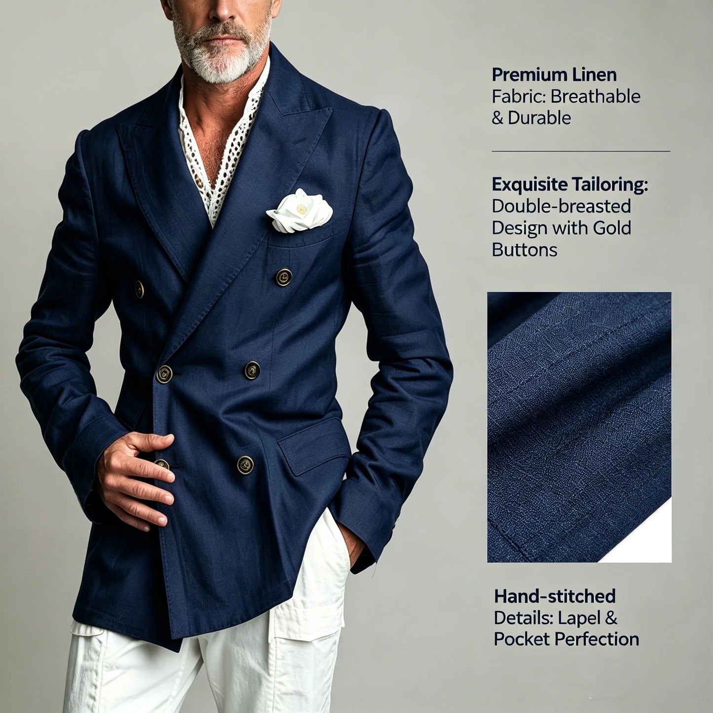 Men's Chic Peak Lapel Linen Blazer Double Breasted Slim Fit Formal Suit Jacket Summer Business Wedding Party Beach Daily Coat