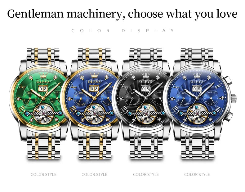 OLEVS Mechanical Watches Automatic Watch Men Waterproof Stainless Steel Strap Skeleton Gold Watch Male Wristwatch