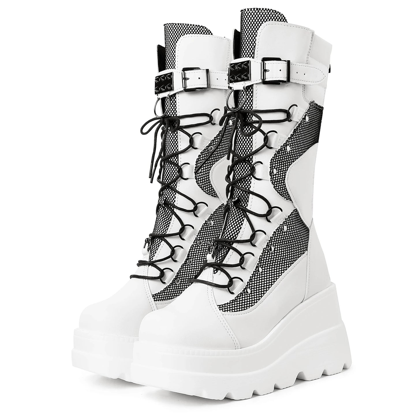 Women Goth Combat Boots Punk Boot Casual Wear Fashion Footwear with Lace-Up & Zipper Closure Wedge Heel Platform Ankle Boots US