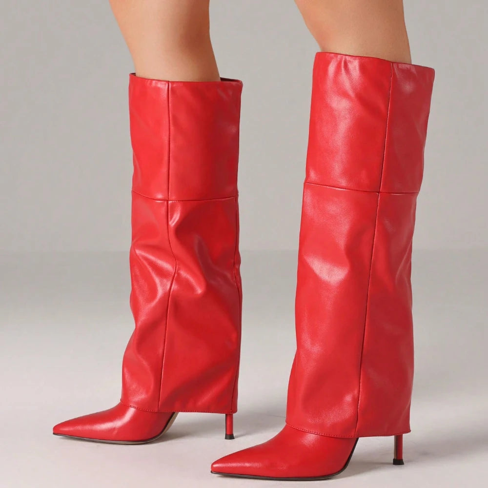 Women's Sexy Fold Over Knee High Shark Boots Fashion Pointed Toe Stiletto High Heels Pleated Party Dress Elegant Boots Woman