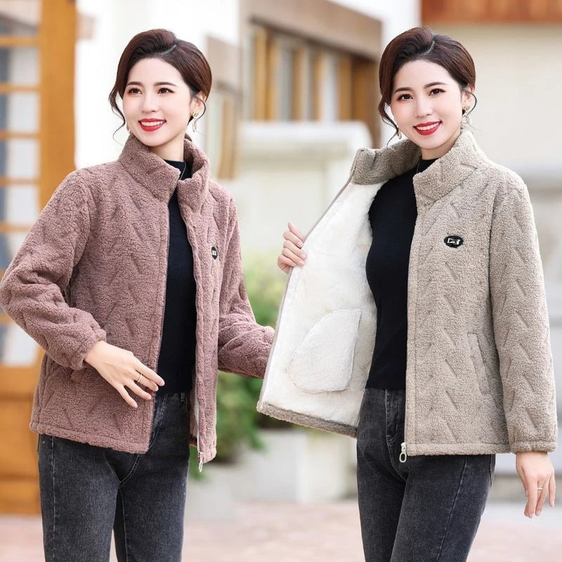 Women Furry Jacket Lamb Wool Liner Zipper Cotton-padded Jackets Full Sleeve Pocket Coats Casual Plus Velvet Jacket Outerwears