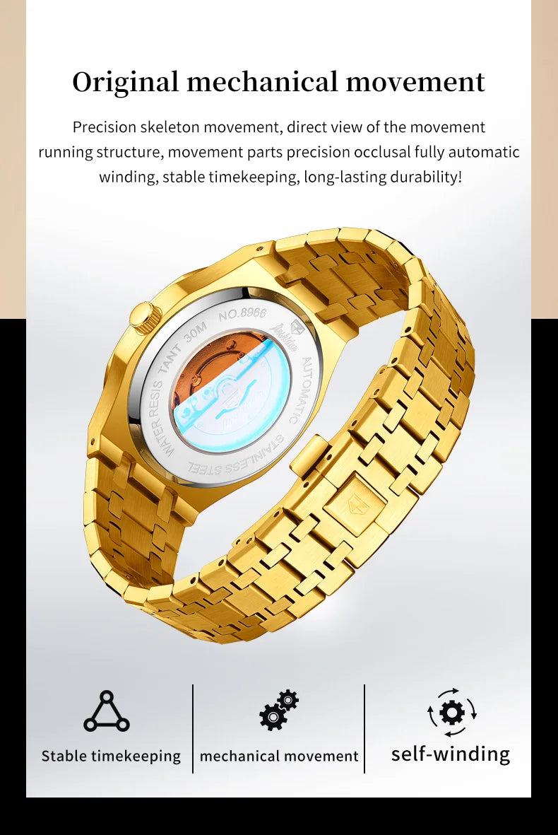 JSDUN 8966 Full Gold Watch for Men Automatic Mechanical Dual Calendar Display Waterproof Night light Man Wristwatch