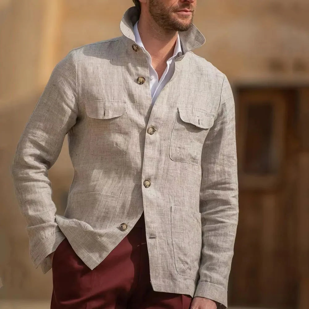Men's Linen Safari Jacket Vintage Stand Collar Breathable Multi-Pocket Lightweight Casual Blazer Cotton Linen Blend For Summer