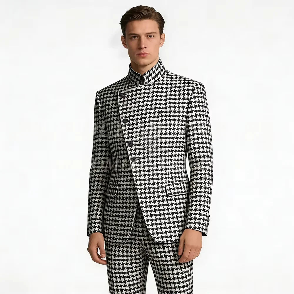 Elegant Men's Houndstooth Suit 2 Piece Mandarin Collar Slim Fit Fashion Jacket Pants Vintage Male Set For Formal Business Weddin