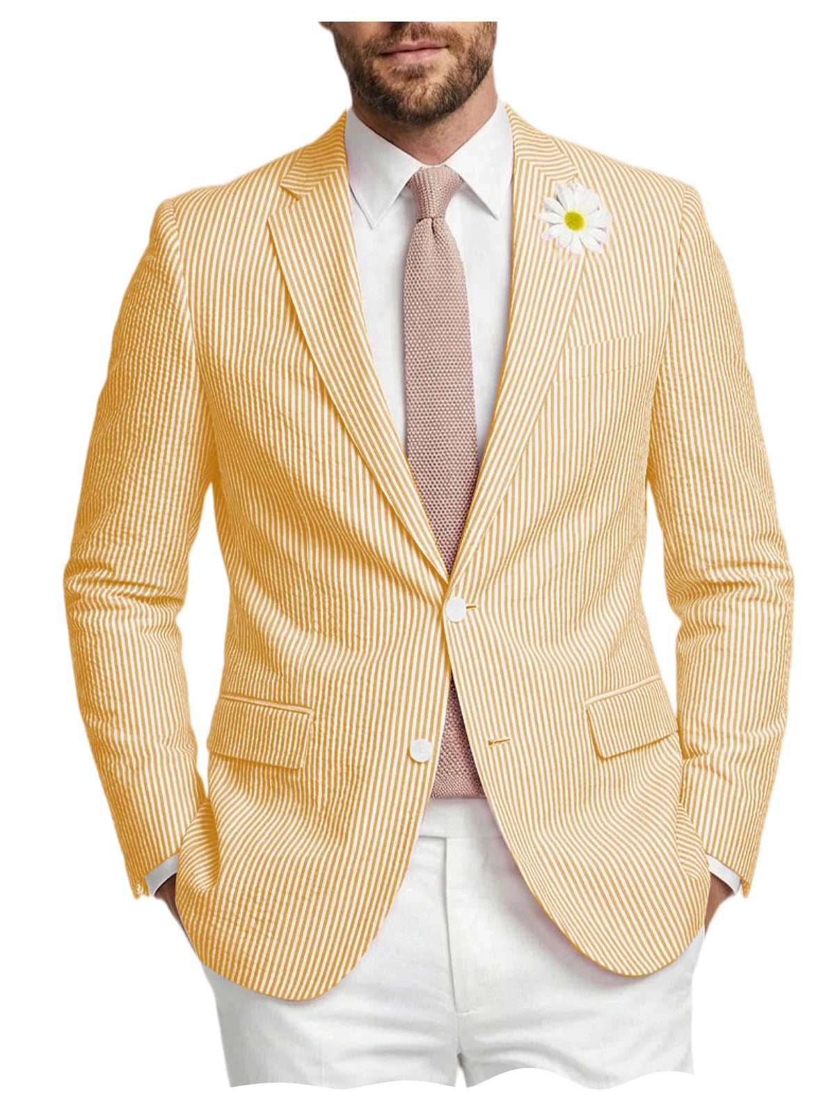 Men's Striped Seersucker Blazer Notch Lapel Slim Fit Suit Jacket Summer Lightweight Business Casual Sport Coat for Wedding Party