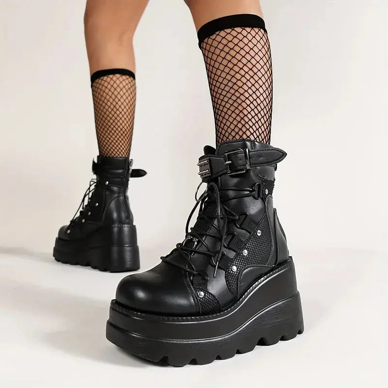 Women's Goth Cosplay Wedge Combat Ankle Boots Fashion Stylish Punk Buckle Lace-up Zipper Dress Boots Ladies Summer Outdoor Shoes