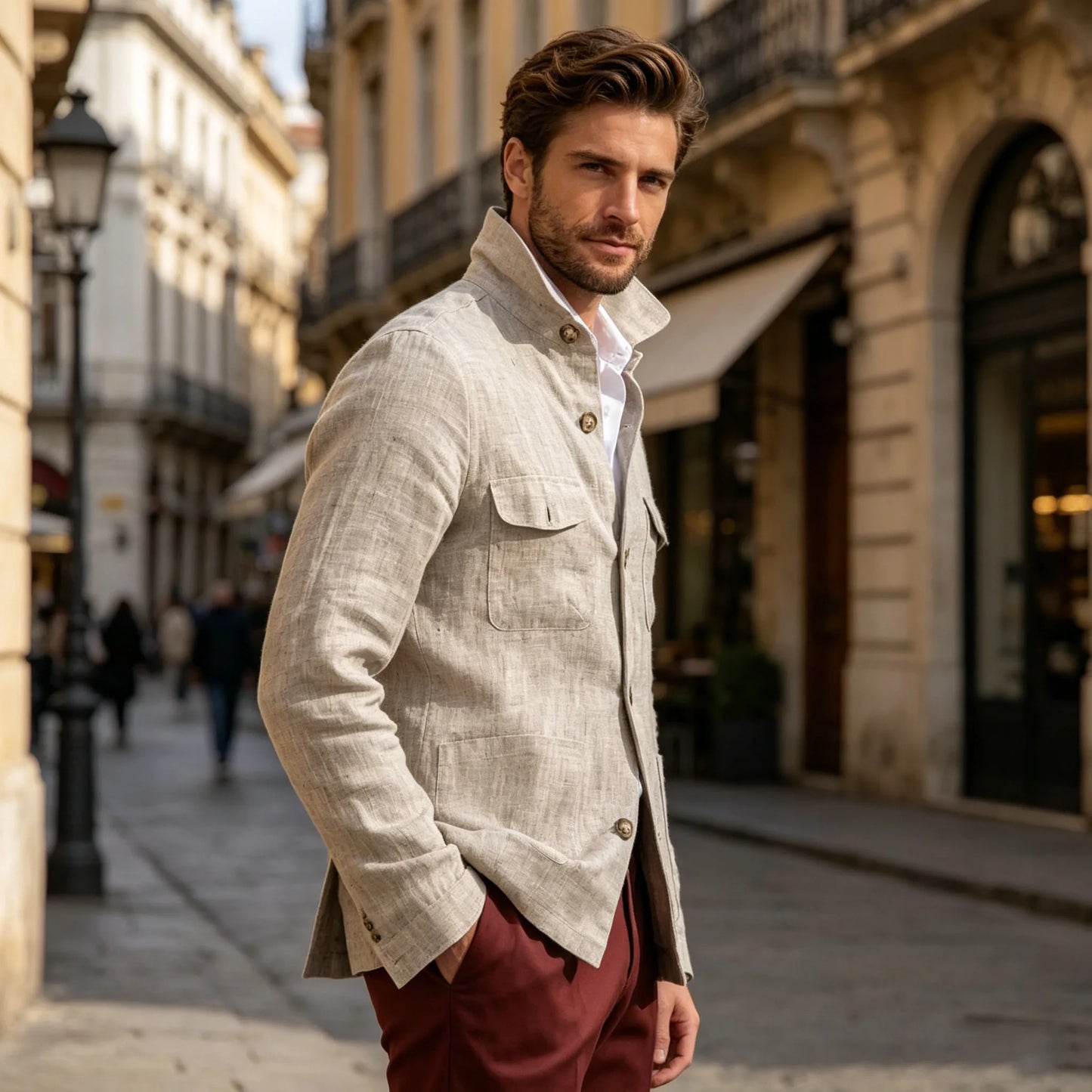 Men's Linen Safari Jacket Vintage Stand Collar Breathable Multi-Pocket Lightweight Casual Blazer Cotton Linen Blend For Summer