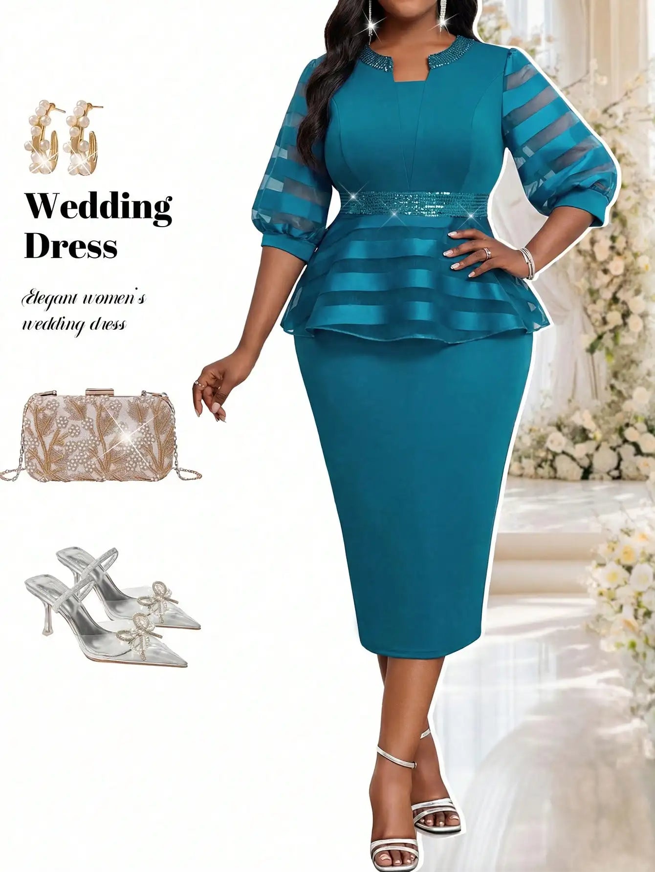 Elegant Plus Size Office Dress With Peplum Waist And Mesh Sleeves