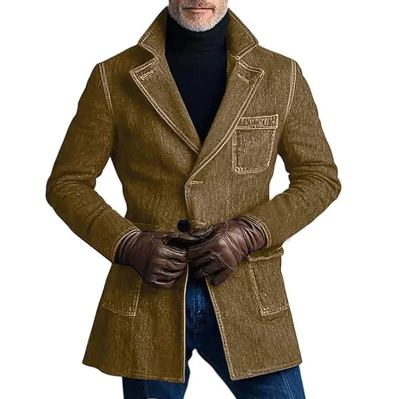 1940s Men's Washed Denim Trench Coat Mid Length Vintage Slim Fit Notched Lapel Faded Jean Coat For Business Casual Daily Wear