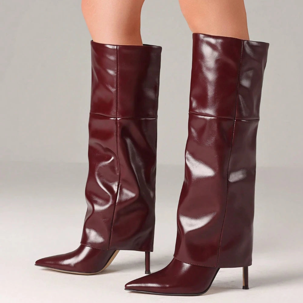 Women's Sexy Fold Over Knee High Shark Boots Fashion Pointed Toe Stiletto High Heels Pleated Party Dress Elegant Boots Woman