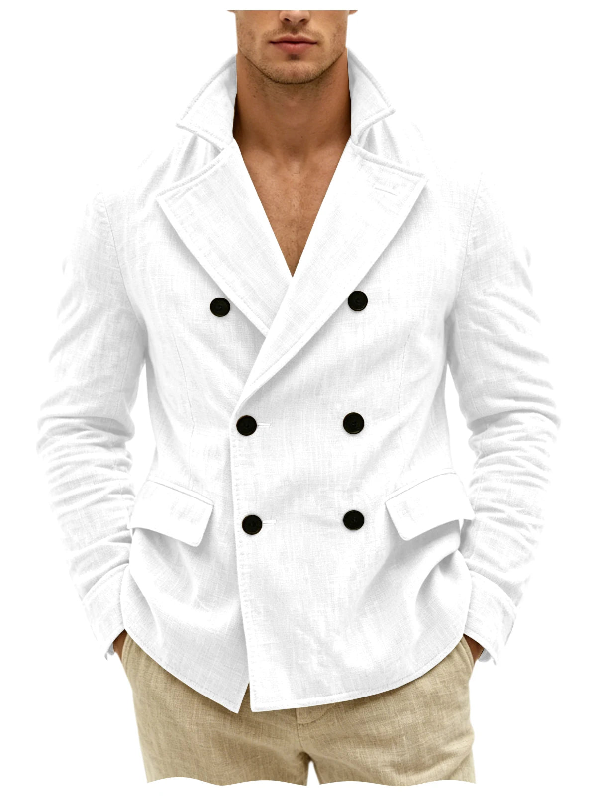 Men's Khaki Linen Blazer Double Breasted Peaked Lapel Lightweight Breathable Soft Cool Casual Formal Sport Coat For Summer Beach