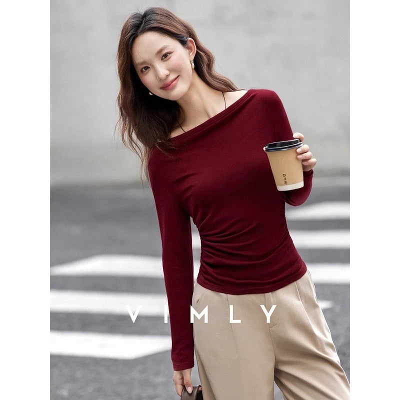 VIMLY Tops Woman 2026 Spring Fall Slash Neck Long Sleeve Ladies T-shirts Casual Knitted Slim Fit Strecth Female Tees A3039
