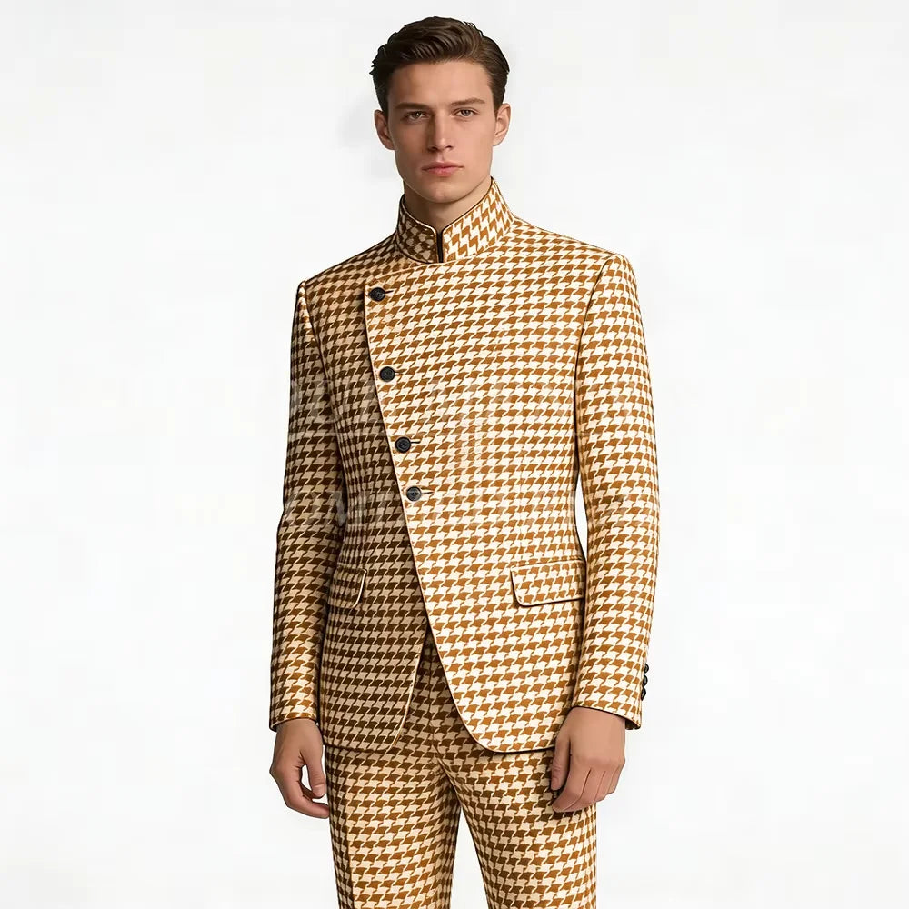 Elegant Men's Houndstooth Suit 2 Piece Mandarin Collar Slim Fit Fashion Jacket Pants Vintage Male Set For Formal Business Weddin