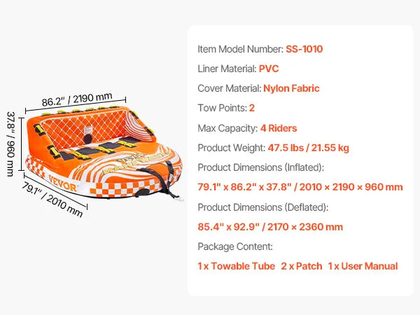 SucceBuy Towable Tube for Boating 1-4 Riders Inflatable Boat Tubes and Towables 680lbs Water Sport Towable Tube for Boat to Pull