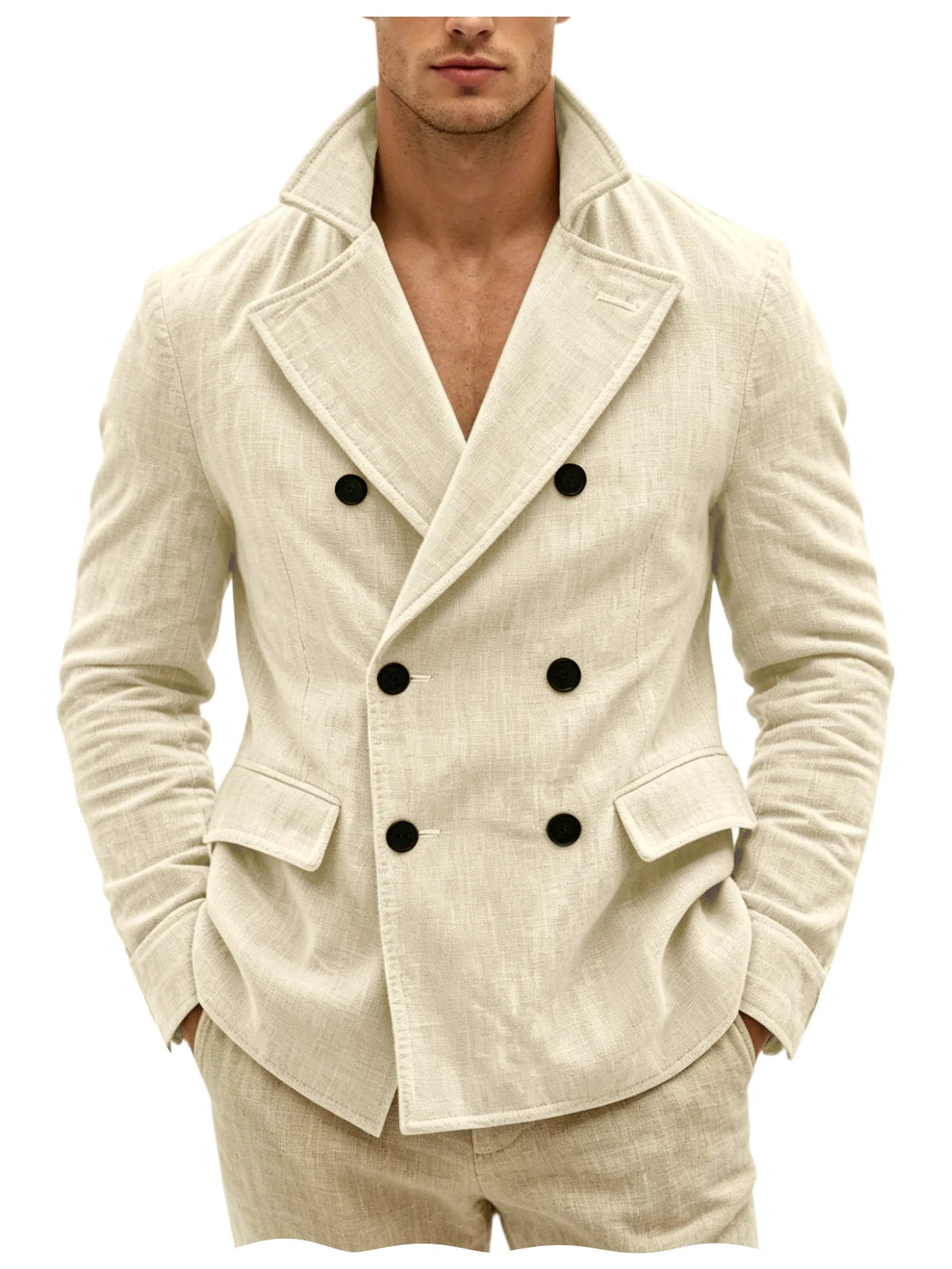 Men's Khaki Linen Blazer Double Breasted Peaked Lapel Lightweight Breathable Soft Cool Casual Formal Sport Coat For Summer Beach
