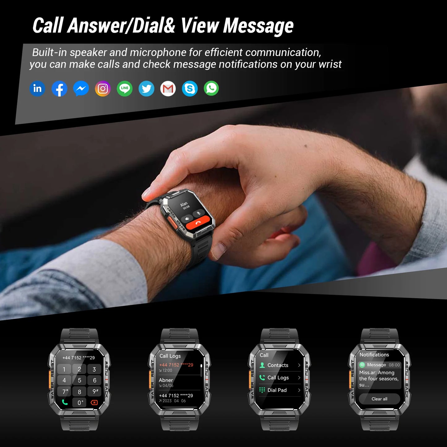 Blackview New Smart Watch 2.01'' HD Display Outdoor Men's Watches with Emergency Lighting Bluetooth Call Waterproof Smartwatch