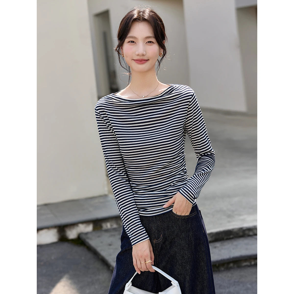 VIMLY Tops Woman 2026 Spring Fall Slash Neck Long Sleeve Ladies T-shirts Casual Knitted Slim Fit Strecth Female Tees A3039
