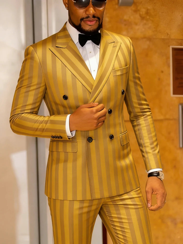 Men's Jacquard 2 Piece Suits Slim Fit Double Breasted Suit Jacket Pants Set Casual Wedding Casual Business