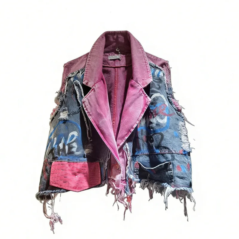 DEAT Women Denim Waistcoat Turn-Down Collar Burrs Edge Tassel Do Old Graffiti Single Button Vest 2026 Spring New Fashion 29A5833