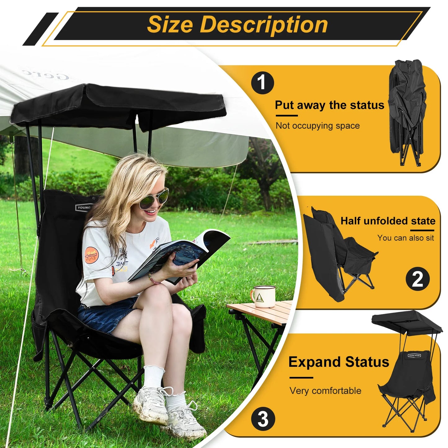 YOUNG WOOD Portable Camping Chair Beach Chair With Shade Canopy, Fold Lightweight Oversized For All, Easy To Open And Close