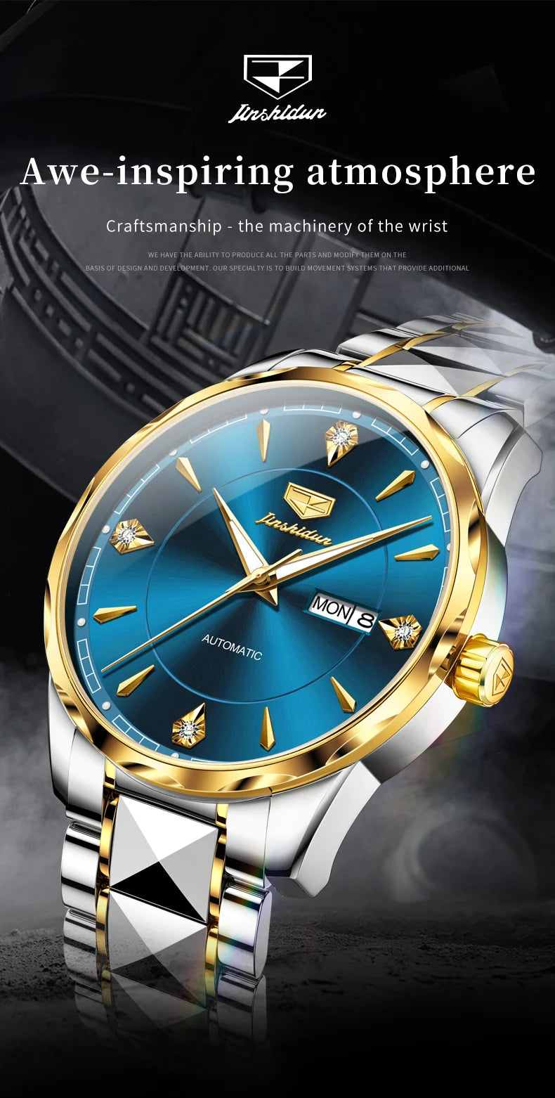 JSDUN High End Men's Watches Auto Calendar Week Tungsten steel Sapphire Mirror Automatic Mechanical Watch for Men Luxury Brand