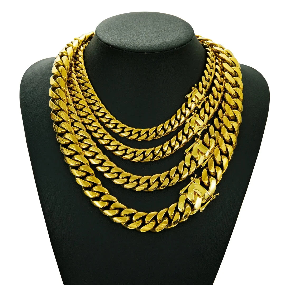 14-22mm Hip Hop Bling Gold Color Stainless Steel Dense Cuban Miami Link Chain Necklaces 14k Gold-plated for Men Rapper Jewelry