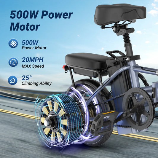 AOVOPRO 14'' EB60 Foldable Electric Bike 500W 48V 10.4AH Battery 22MPH Max Speed 28Miles Long Range with Two Seats for Adult