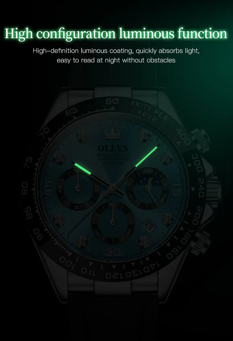OLEVS Watches for Men Chronograph Analog Quartz Watch Moon Phase Silicone Diamond Waterproof Luminous Quartz Wrist Watches