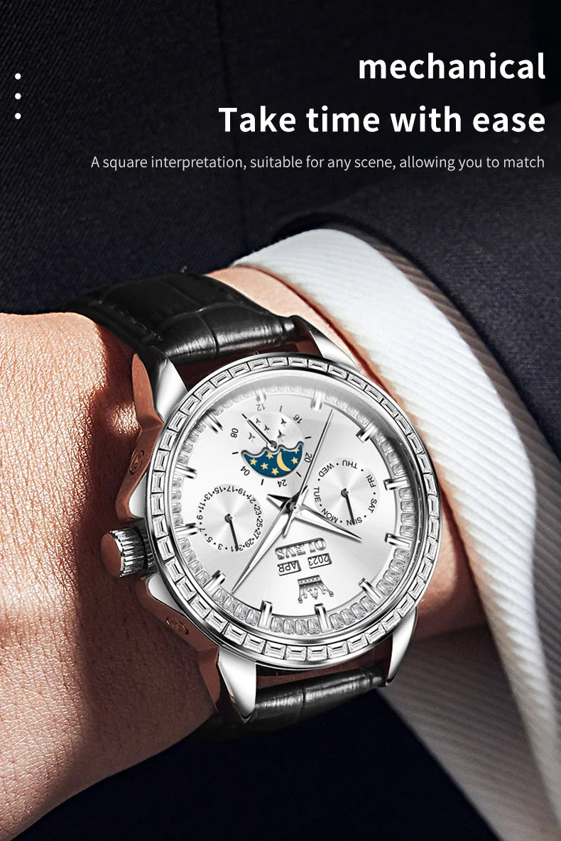 OLEVS 6695 NEW Men's Watches Full Diamond Multifunctional Dial Blue Leather Strap Calendar Week Moon Phase Waterproof Wristwatch