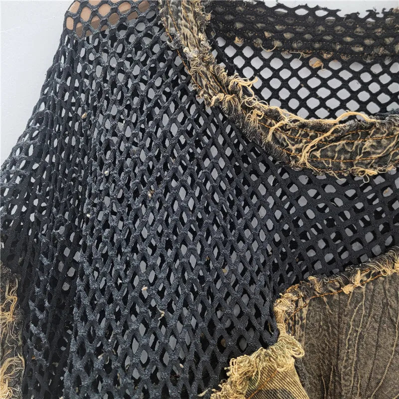 DEAT Women's T-shirt Loose Patchwork Asymmetric Camouflage Mesh Short Sleeve Do Old Tops Summer 2026 New Fashion 29A1930