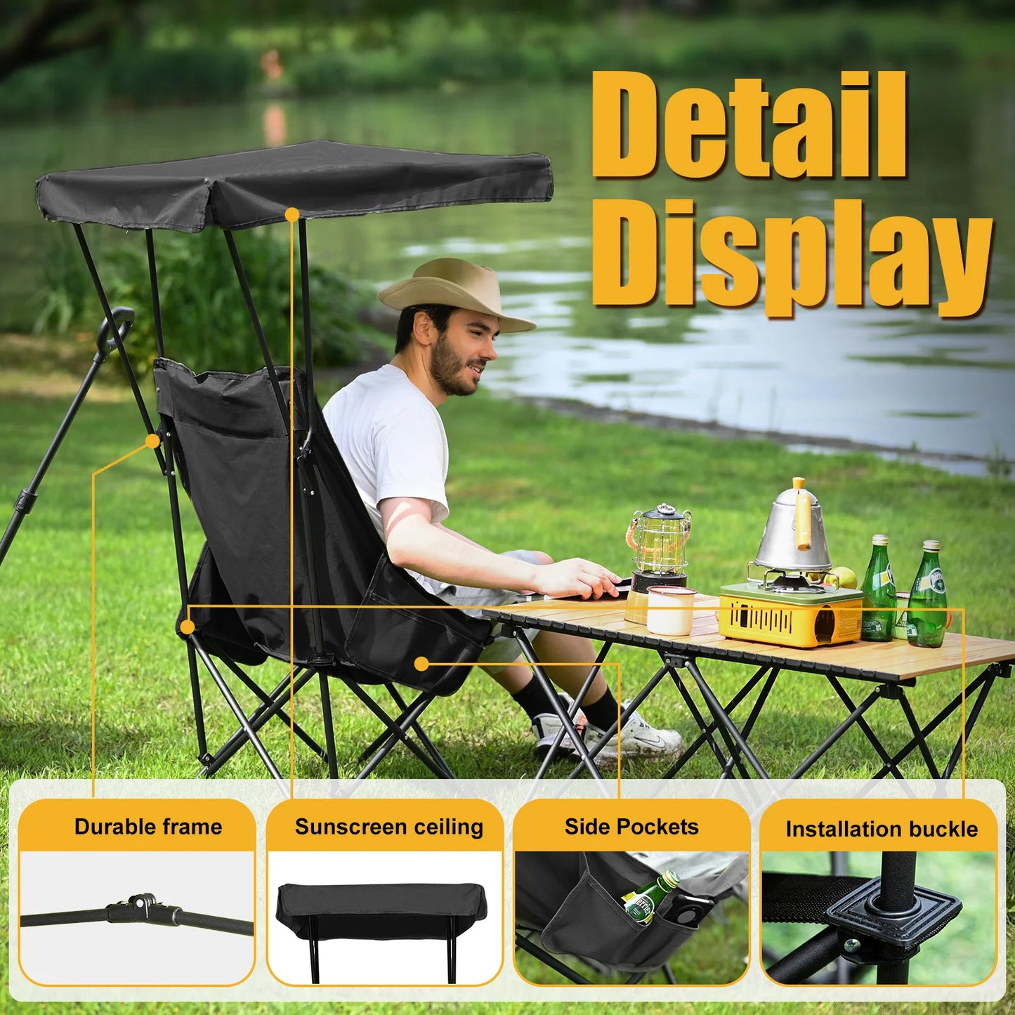 YOUNG WOOD Portable Camping Chair Beach Chair With Shade Canopy, Fold Lightweight Oversized For All, Easy To Open And Close