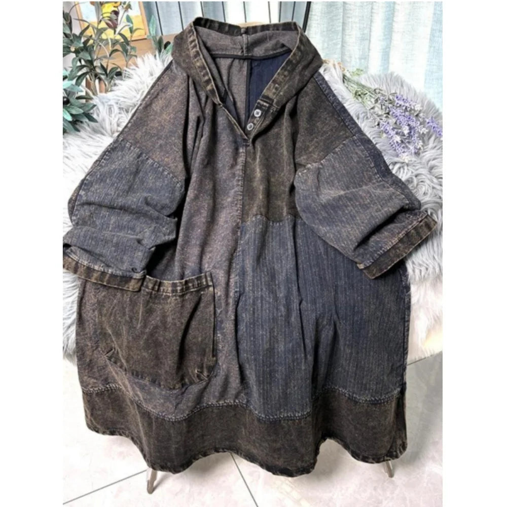 Chinese Style Personalized Old Fabric Denim Patchwork Hooded Vintage Loose Long Sleeved Dress Women Spring Autumn MCP008