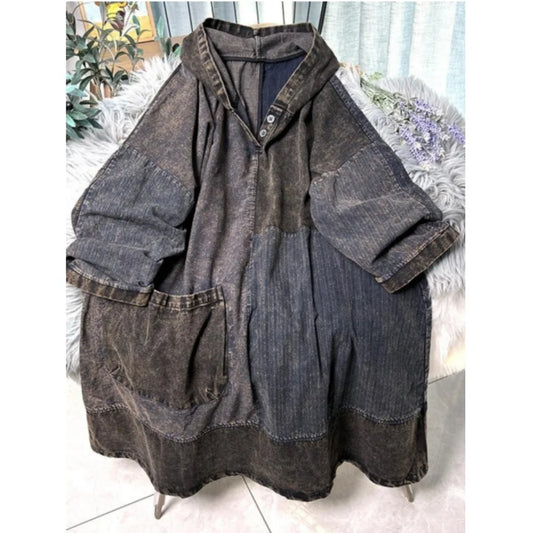 Chinese Style Personalized Old Fabric Denim Patchwork Hooded Vintage Loose Long Sleeved Dress Women Spring Autumn MCP008
