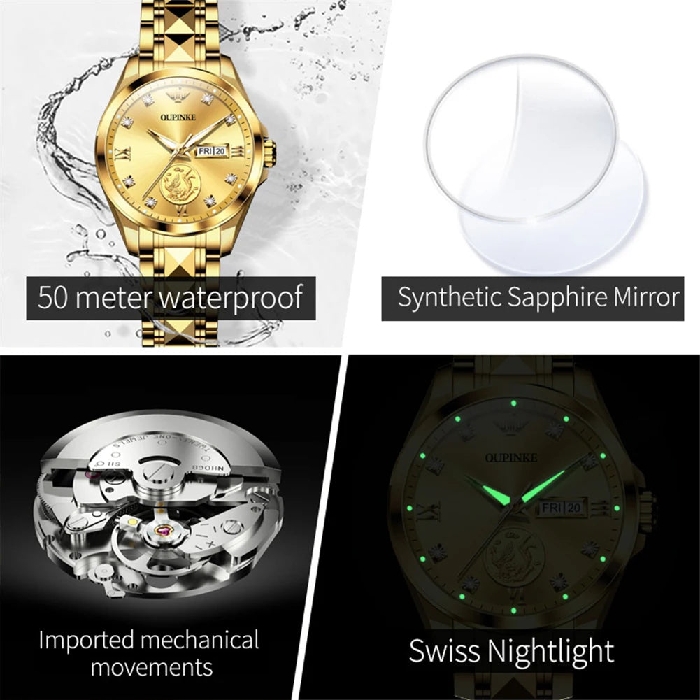 OUPINKE 3259 Real Gold Phoenix Women Watch Luxury Swiss Certified Automatic Mechanical Watch Elegant Travel Dress Women Watch