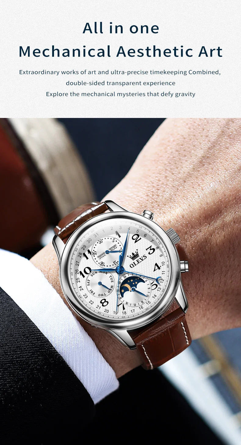 OLEVS Original Men's Automatic Wristwatch Moon Phase Calendar Waterproof Stainless Steel Leather Strap Mechanical Watch for Men