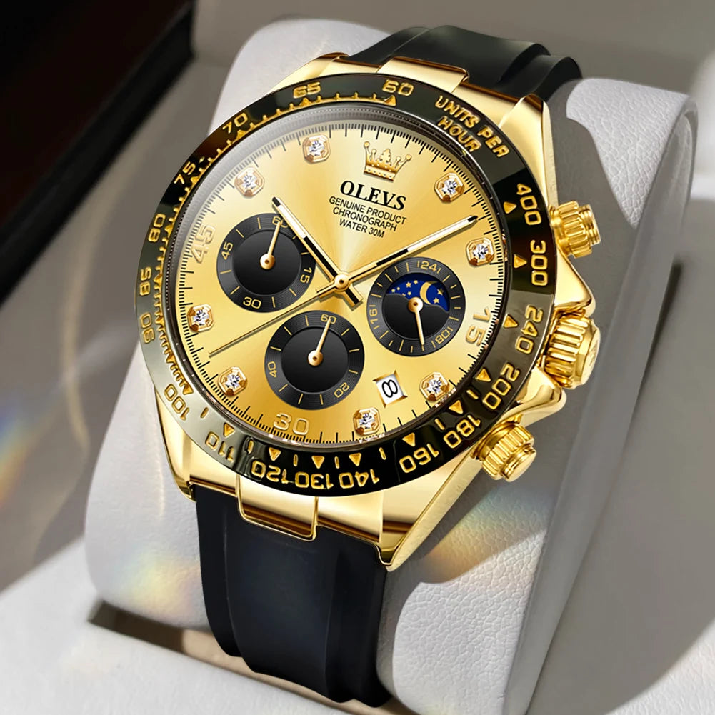 OLEVS Watches for Men Chronograph Analog Quartz Watch Moon Phase Silicone Diamond Waterproof Luminous Quartz Wrist Watches