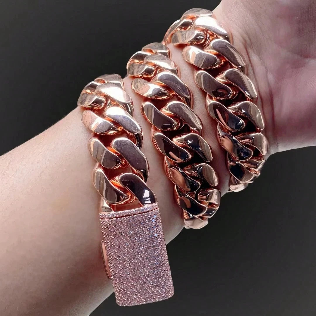 14-22mm Rose Gold  Stainless Steel Cuban Miami Link Chain Iced Out CZ Box Clasp Necklace Fashion Hip Hop Unisex Jewelry (1PC)