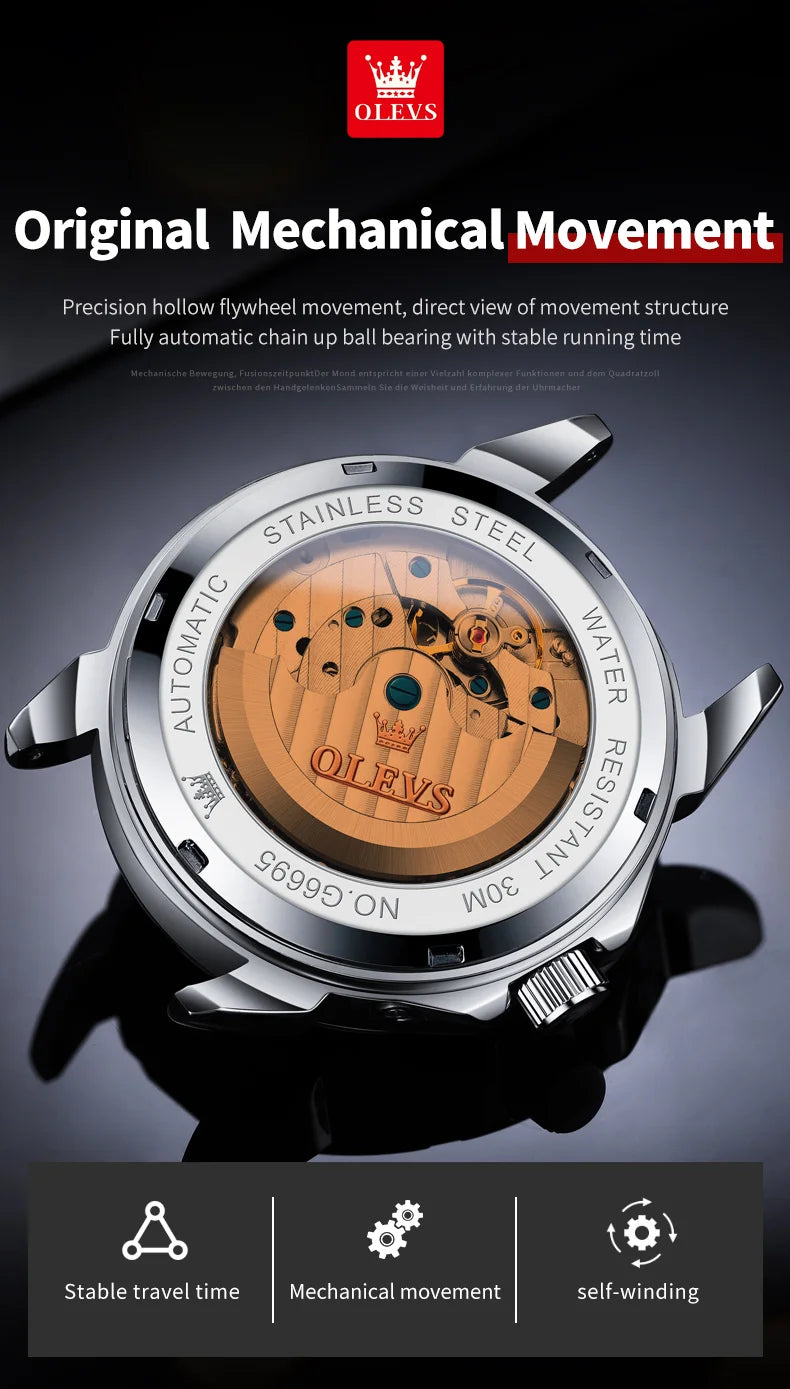 OLEVS 6695 NEW Men's Watches Full Diamond Multifunctional Dial Blue Leather Strap Calendar Week Moon Phase Waterproof Wristwatch